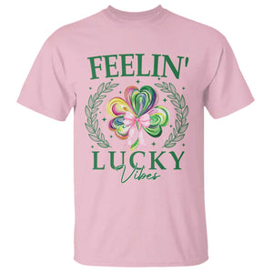 St. Patrick's Day T Shirt Feelin' Lucky Vibes Shamrock Coquette Bow TS09 Light Pink Print Your Wear