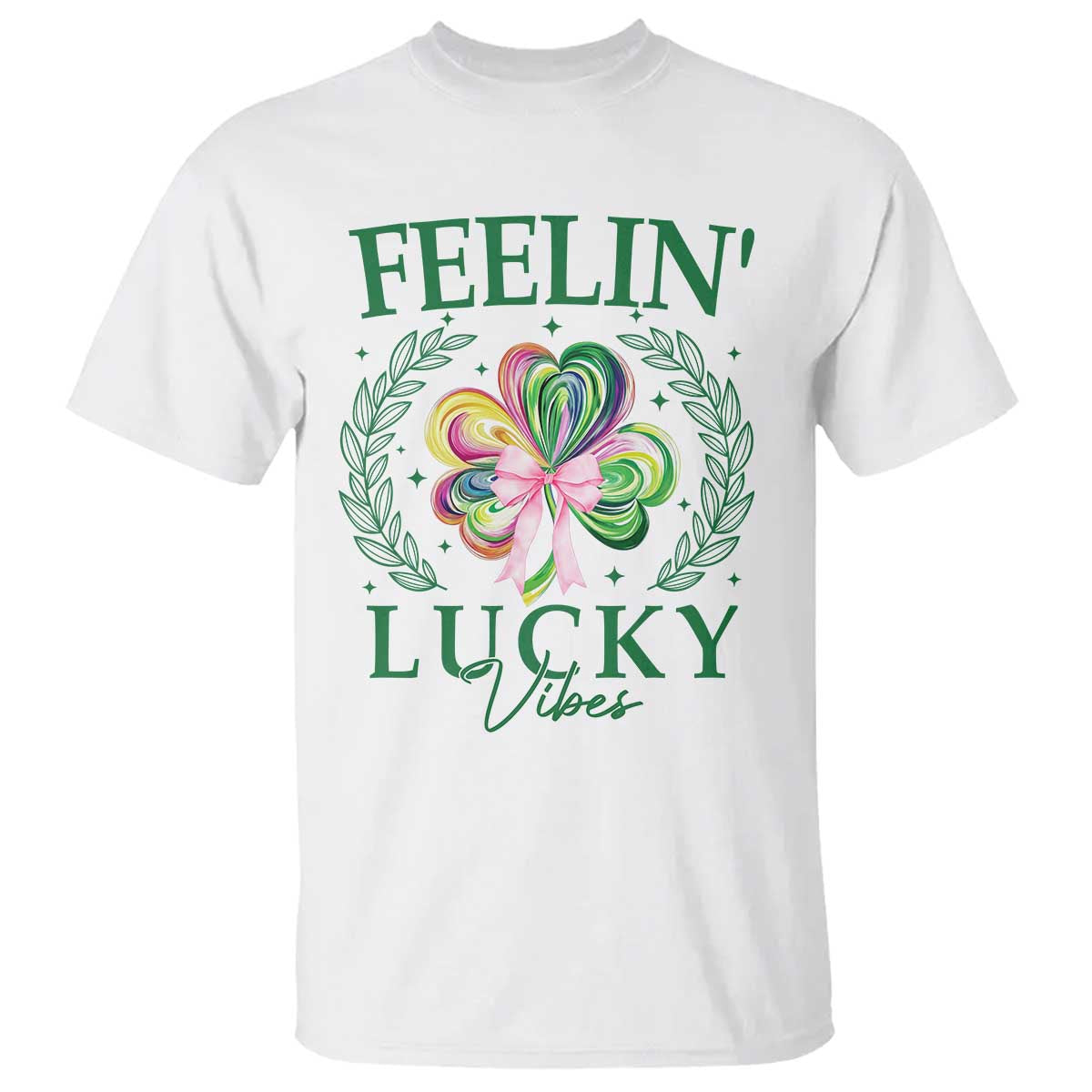 St. Patrick's Day T Shirt Feelin' Lucky Vibes Shamrock Coquette Bow TS09 White Print Your Wear