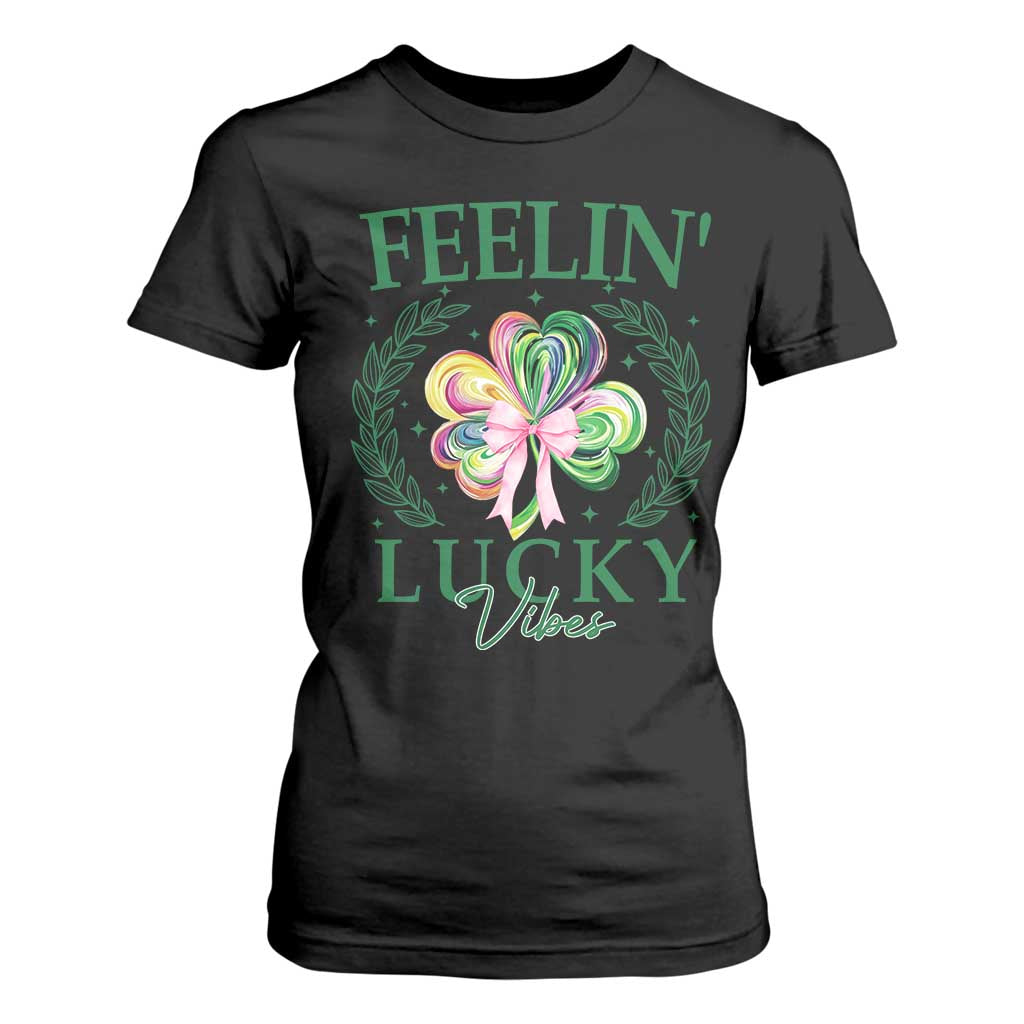 St. Patrick's Day T Shirt For Women Feelin' Lucky Vibes Shamrock Coquette Bow TS09 Black Print Your Wear