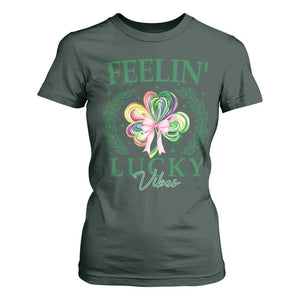 St. Patrick's Day T Shirt For Women Feelin' Lucky Vibes Shamrock Coquette Bow TS09 Dark Forest Green Print Your Wear