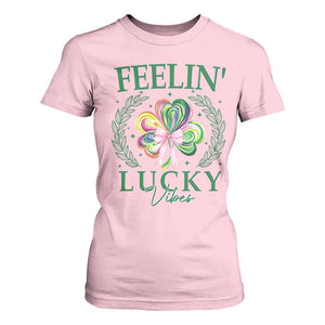St. Patrick's Day T Shirt For Women Feelin' Lucky Vibes Shamrock Coquette Bow TS09 Light Pink Print Your Wear
