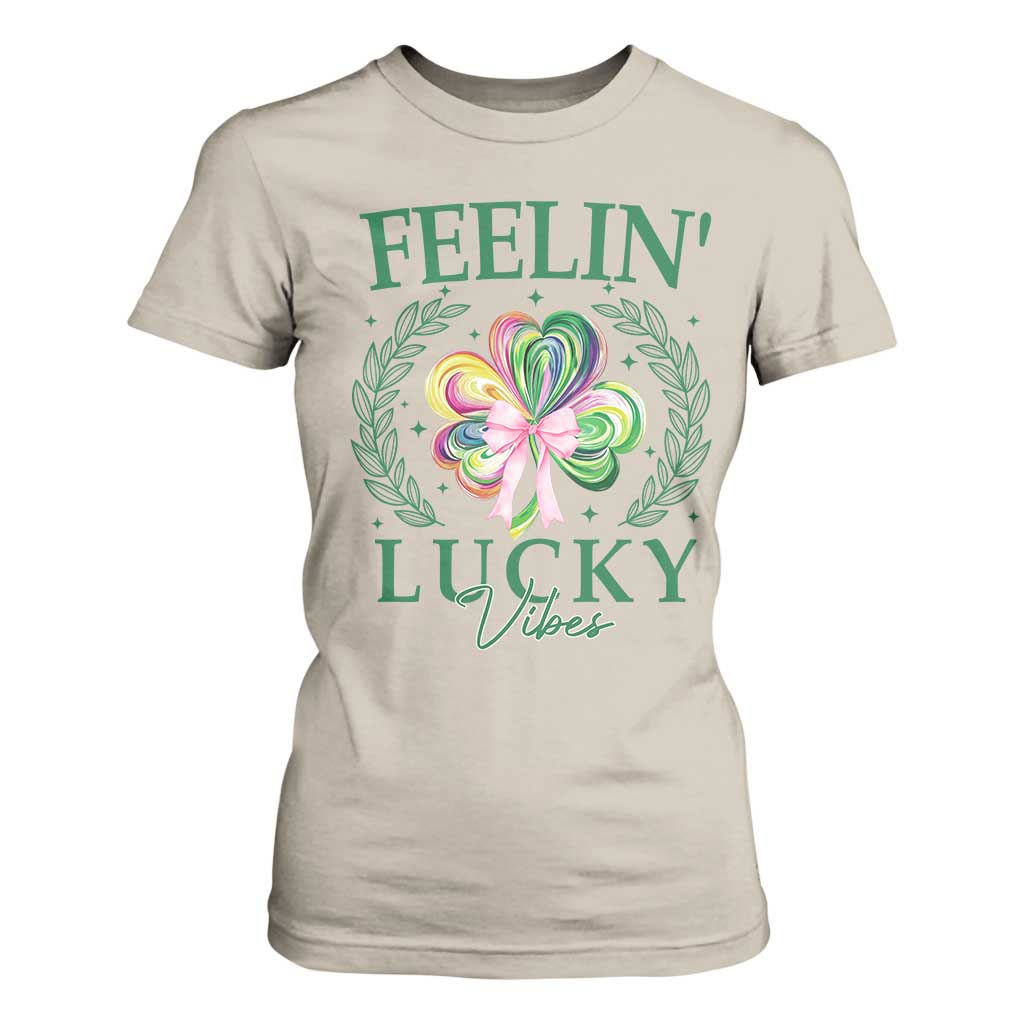 St. Patrick's Day T Shirt For Women Feelin' Lucky Vibes Shamrock Coquette Bow TS09 Sand Print Your Wear