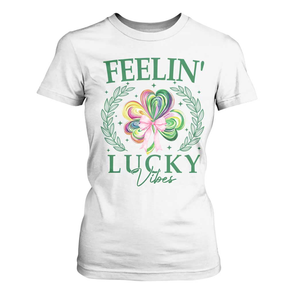St. Patrick's Day T Shirt For Women Feelin' Lucky Vibes Shamrock Coquette Bow TS09 White Print Your Wear