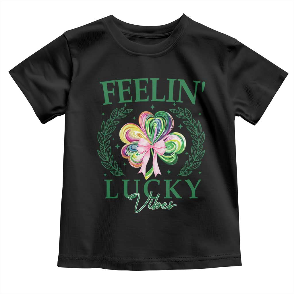 St. Patrick's Day Toddler T Shirt Feelin' Lucky Vibes Shamrock Coquette Bow TS09 Black Print Your Wear