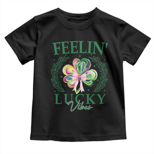 St. Patrick's Day Toddler T Shirt Feelin' Lucky Vibes Shamrock Coquette Bow TS09 Black Print Your Wear