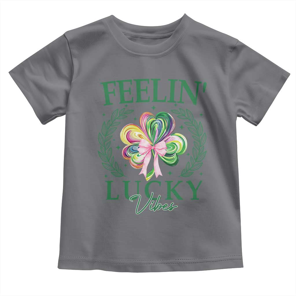 St. Patrick's Day Toddler T Shirt Feelin' Lucky Vibes Shamrock Coquette Bow TS09 Charcoal Print Your Wear