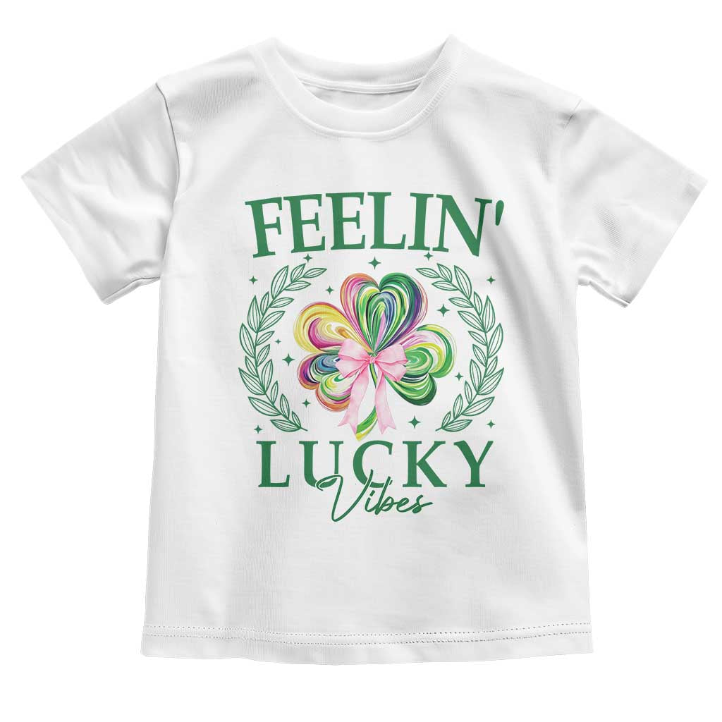 St. Patrick's Day Toddler T Shirt Feelin' Lucky Vibes Shamrock Coquette Bow TS09 White Print Your Wear