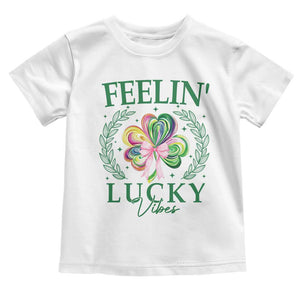 St. Patrick's Day Toddler T Shirt Feelin' Lucky Vibes Shamrock Coquette Bow TS09 White Print Your Wear