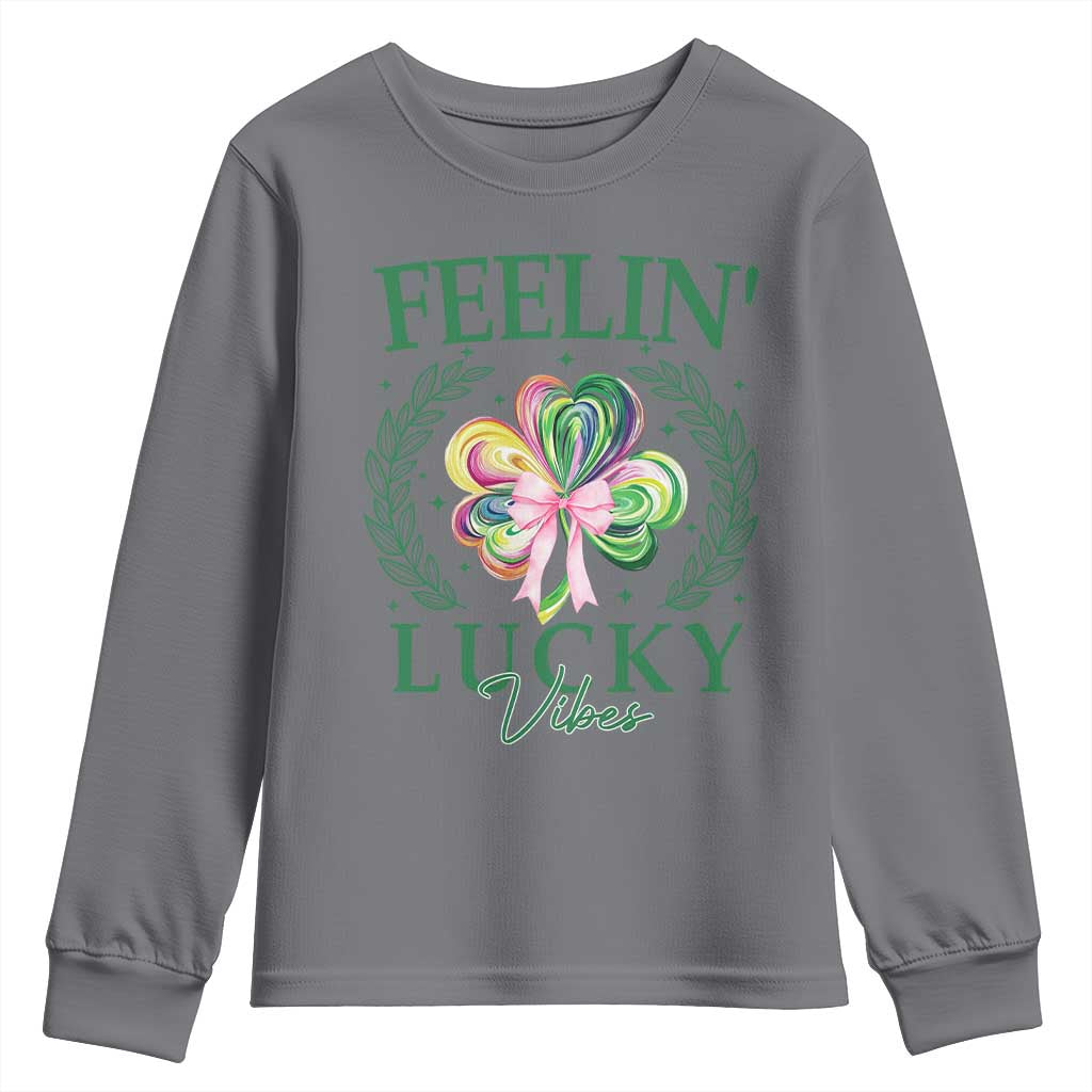 St. Patrick's Day Youth Sweatshirt Feelin' Lucky Vibes Shamrock Coquette Bow TS09 Charcoal Print Your Wear