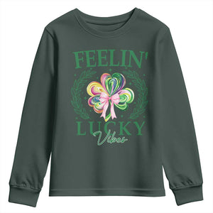 St. Patrick's Day Youth Sweatshirt Feelin' Lucky Vibes Shamrock Coquette Bow TS09 Dark Forest Green Print Your Wear