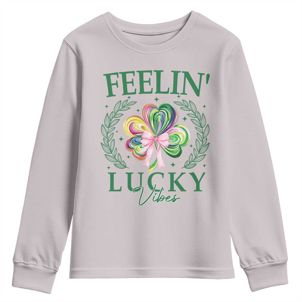 St. Patrick's Day Youth Sweatshirt Feelin' Lucky Vibes Shamrock Coquette Bow TS09 Ice Gray Print Your Wear
