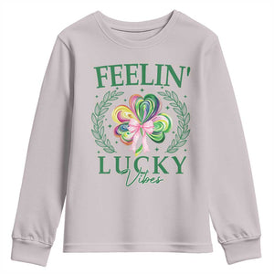 St. Patrick's Day Youth Sweatshirt Feelin' Lucky Vibes Shamrock Coquette Bow TS09 Ice Gray Print Your Wear