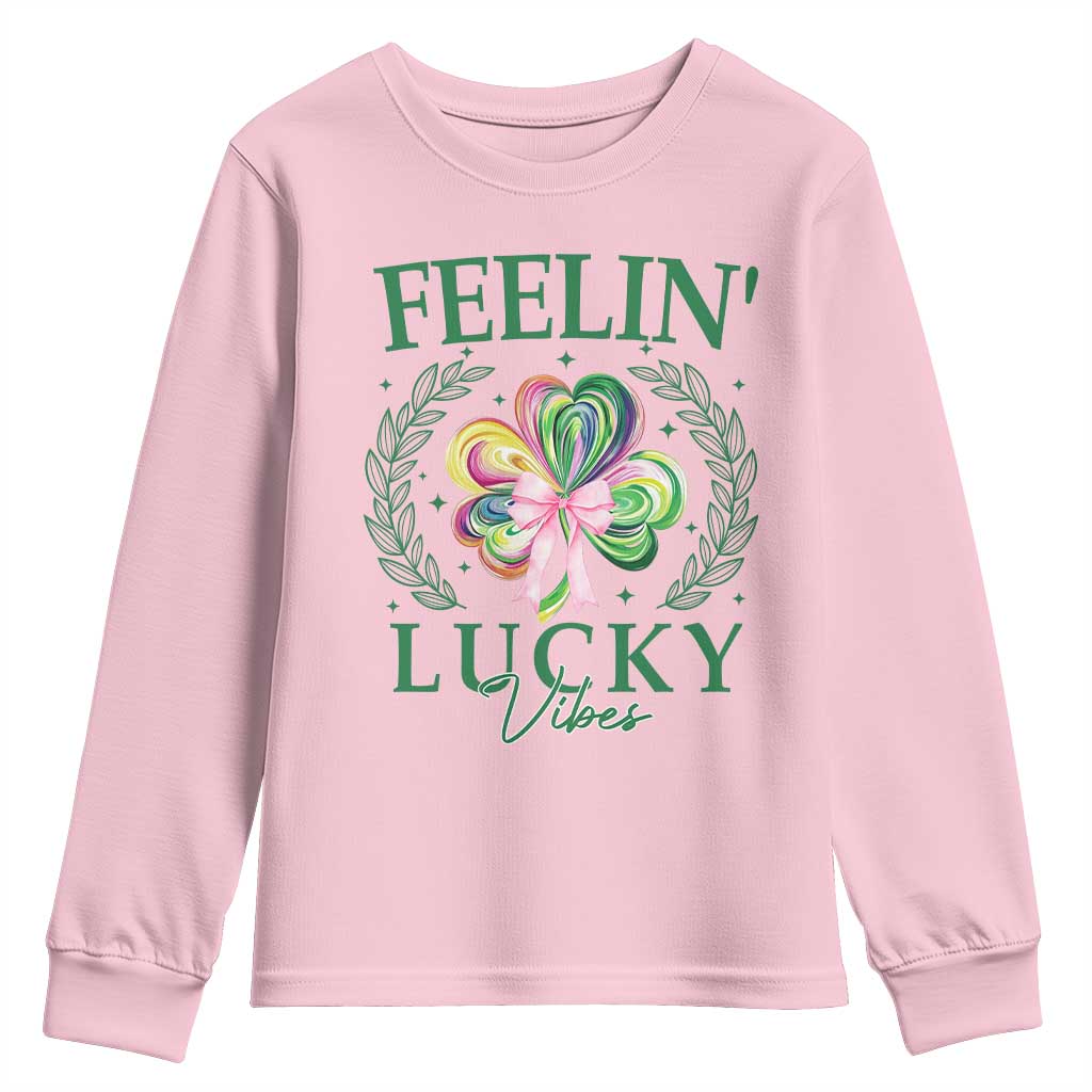 St. Patrick's Day Youth Sweatshirt Feelin' Lucky Vibes Shamrock Coquette Bow TS09 Light Pink Print Your Wear