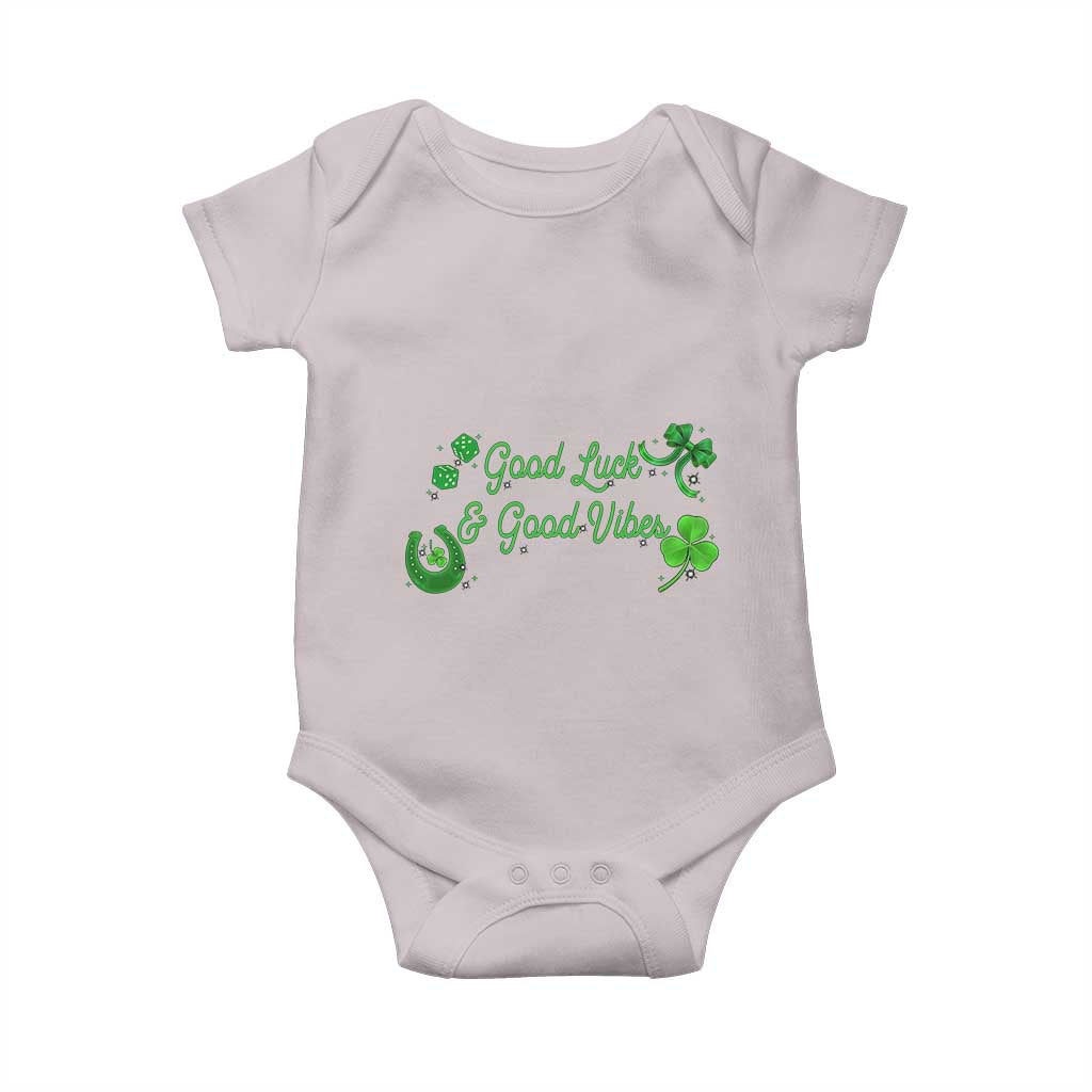 St. Patrick's Day Baby Onesie Good Luck And Good Vibes Shamrock Coquette Bow TS09 Ice Gray Print Your Wear