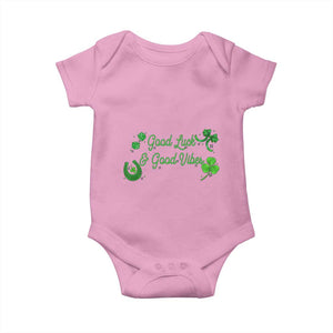 St. Patrick's Day Baby Onesie Good Luck And Good Vibes Shamrock Coquette Bow TS09 Light Pink Print Your Wear
