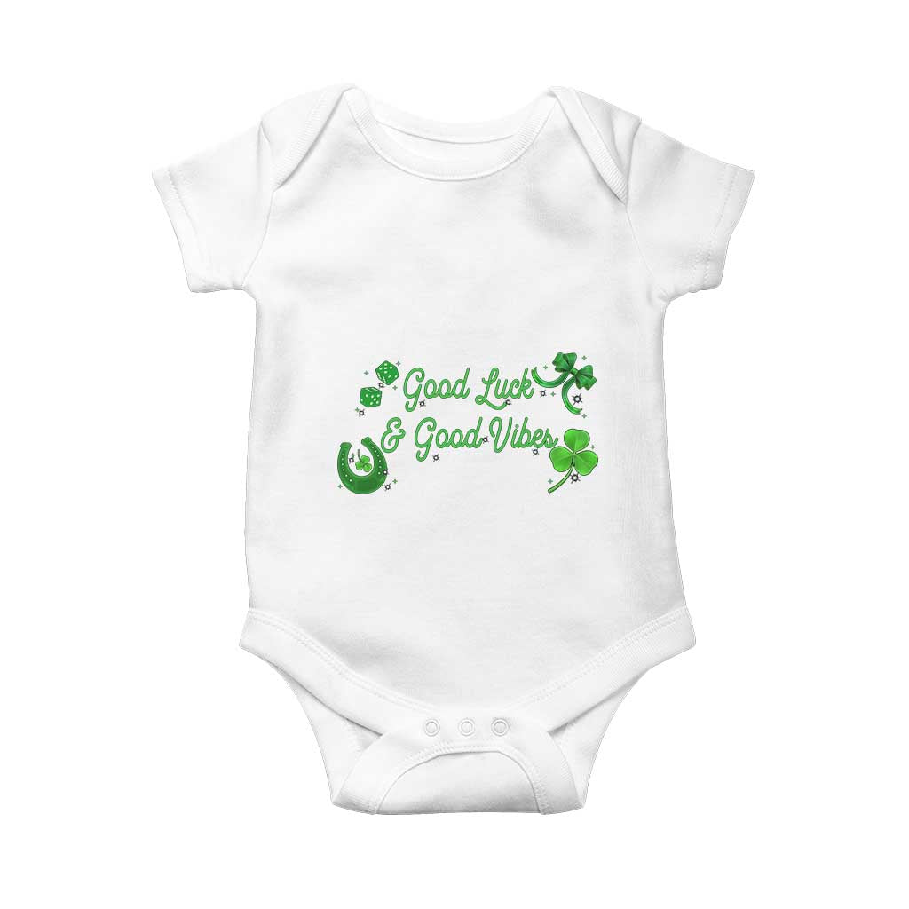 St. Patrick's Day Baby Onesie Good Luck And Good Vibes Shamrock Coquette Bow TS09 White Print Your Wear