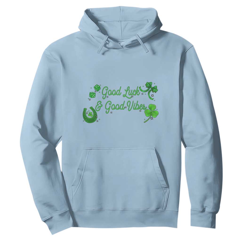 St. Patrick's Day Hoodie Good Luck And Good Vibes Shamrock Coquette Bow TS09 Light Blue Print Your Wear