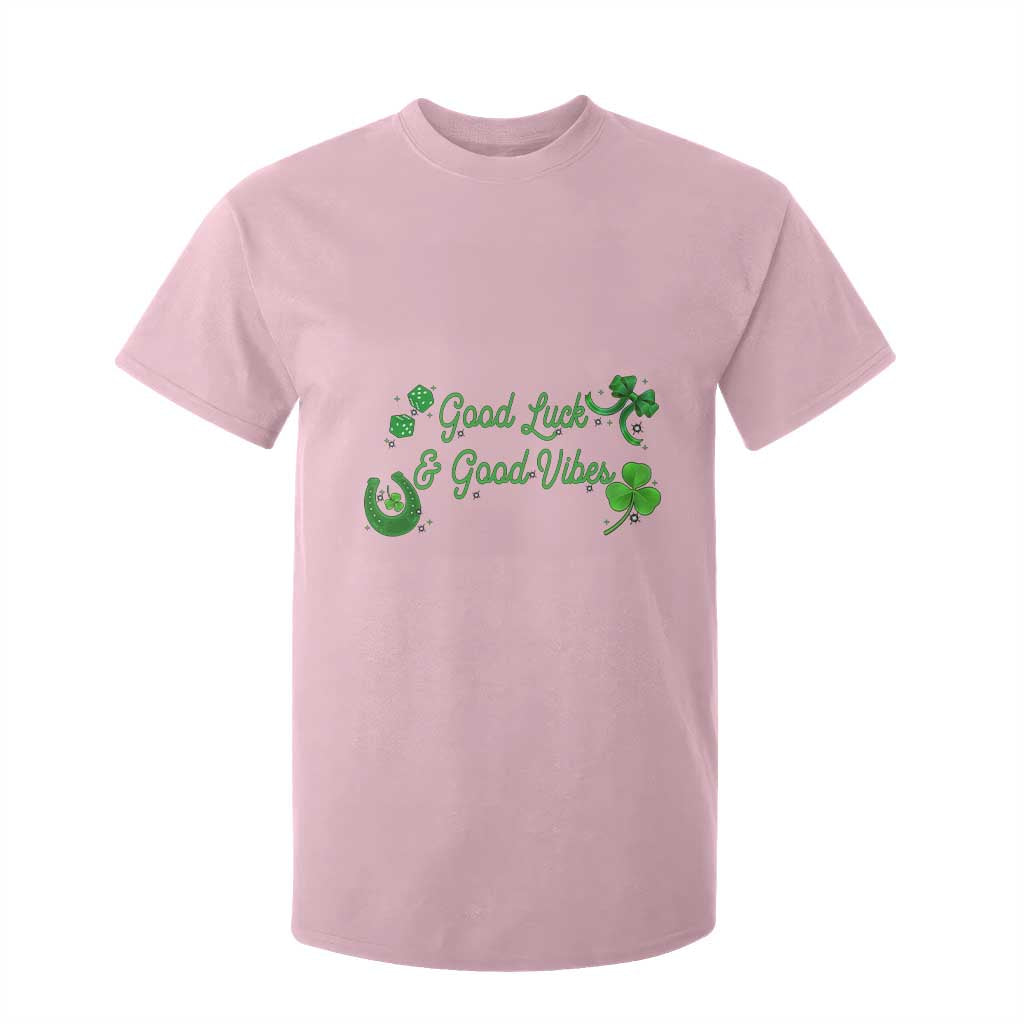 St. Patrick's Day T Shirt For Kid Good Luck And Good Vibes Shamrock Coquette Bow TS09 Light Pink Print Your Wear