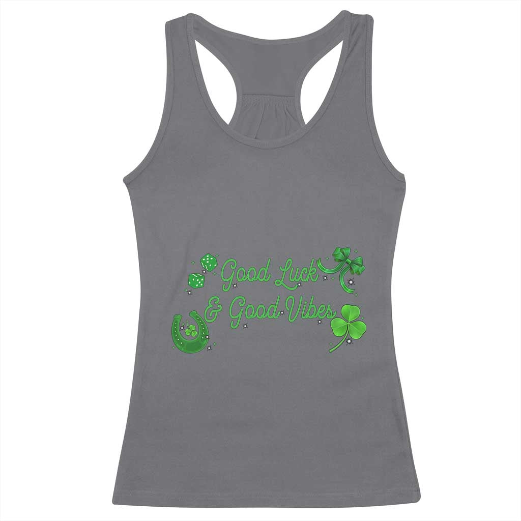 St. Patrick's Day Racerback Tank Top Good Luck And Good Vibes Shamrock Coquette Bow TS09 Charcoal Print Your Wear