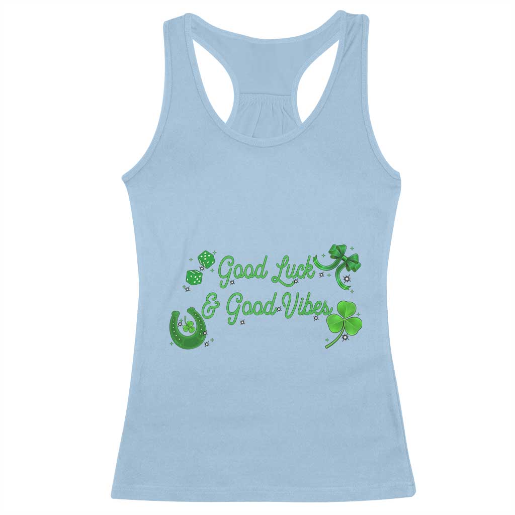 St. Patrick's Day Racerback Tank Top Good Luck And Good Vibes Shamrock Coquette Bow TS09 Light Blue Print Your Wear