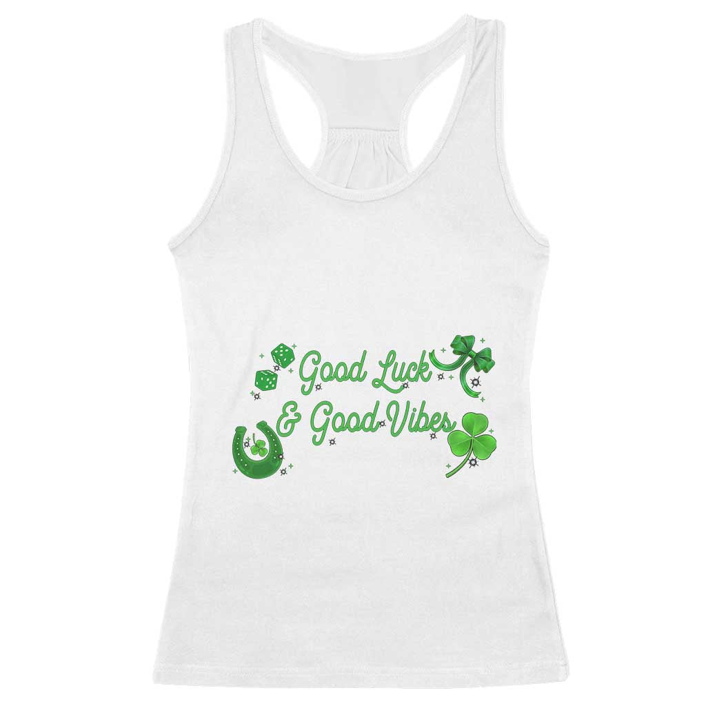 St. Patrick's Day Racerback Tank Top Good Luck And Good Vibes Shamrock Coquette Bow TS09 White Print Your Wear
