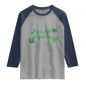 St. Patrick's Day Raglan Shirt Good Luck And Good Vibes Shamrock Coquette Bow TS09 Sport Gray Navy Print Your Wear