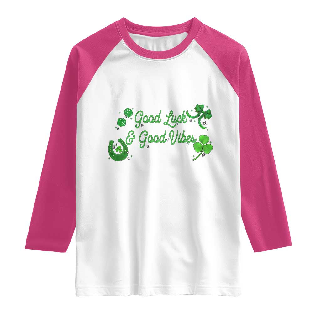 St. Patrick's Day Raglan Shirt Good Luck And Good Vibes Shamrock Coquette Bow TS09 White Heliconia Print Your Wear