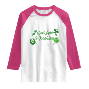 St. Patrick's Day Raglan Shirt Good Luck And Good Vibes Shamrock Coquette Bow TS09 White Heliconia Print Your Wear