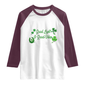 St. Patrick's Day Raglan Shirt Good Luck And Good Vibes Shamrock Coquette Bow TS09 White Maroon Print Your Wear