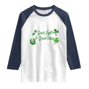 St. Patrick's Day Raglan Shirt Good Luck And Good Vibes Shamrock Coquette Bow TS09 White Navy Print Your Wear
