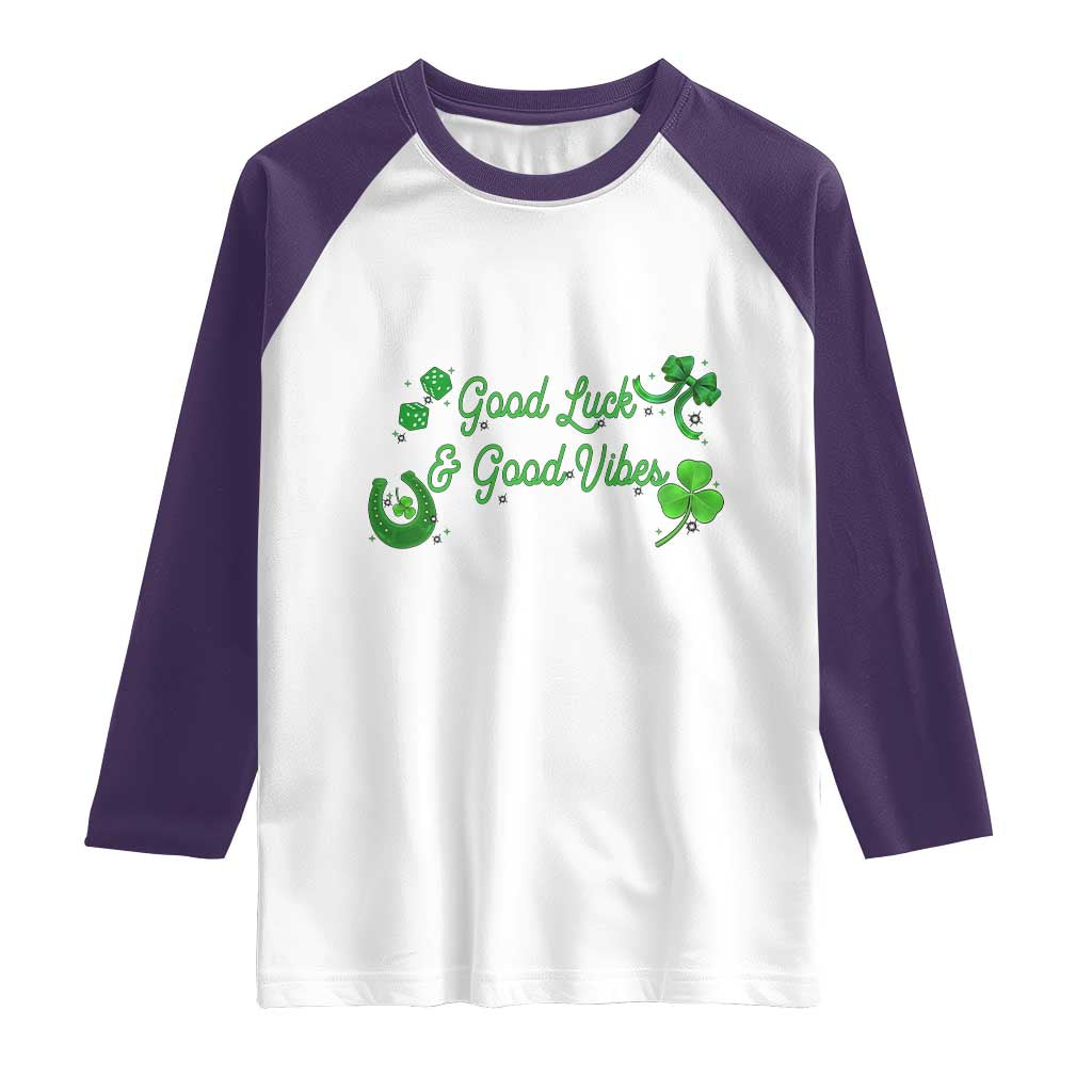 St. Patrick's Day Raglan Shirt Good Luck And Good Vibes Shamrock Coquette Bow TS09 White Purple Print Your Wear