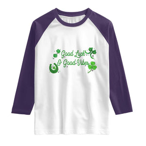 St. Patrick's Day Raglan Shirt Good Luck And Good Vibes Shamrock Coquette Bow TS09 White Purple Print Your Wear
