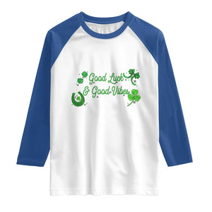 St. Patrick's Day Raglan Shirt Good Luck And Good Vibes Shamrock Coquette Bow TS09 White Royal Print Your Wear