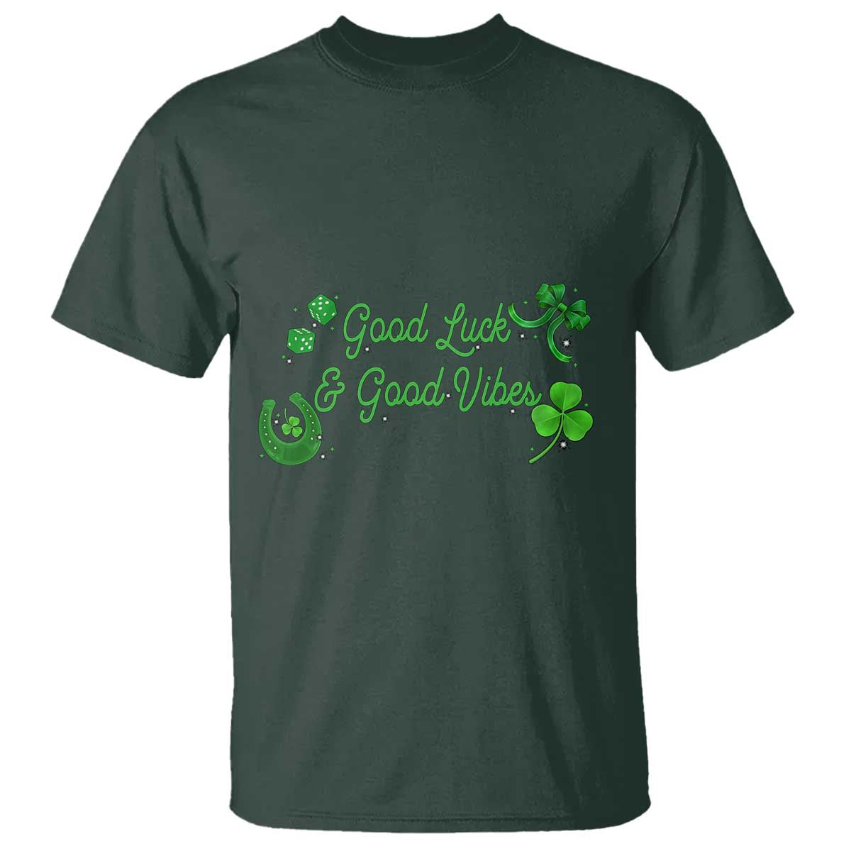 St. Patrick's Day T Shirt Good Luck And Good Vibes Shamrock Coquette Bow TS09 Dark Forest Green Print Your Wear