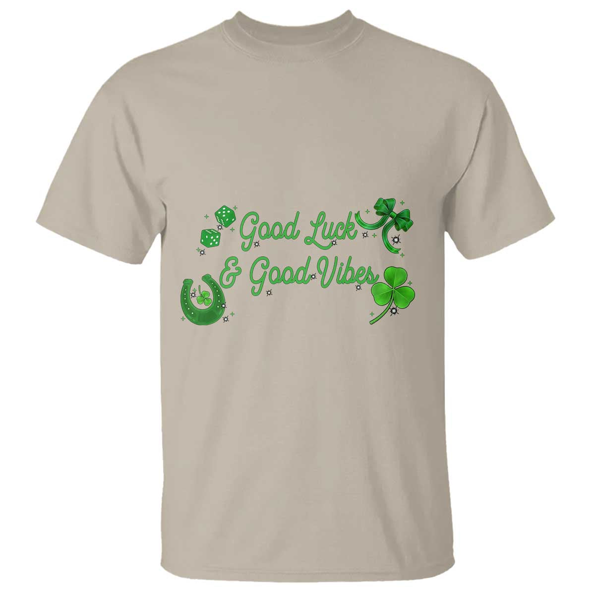St. Patrick's Day T Shirt Good Luck And Good Vibes Shamrock Coquette Bow TS09 Sand Print Your Wear