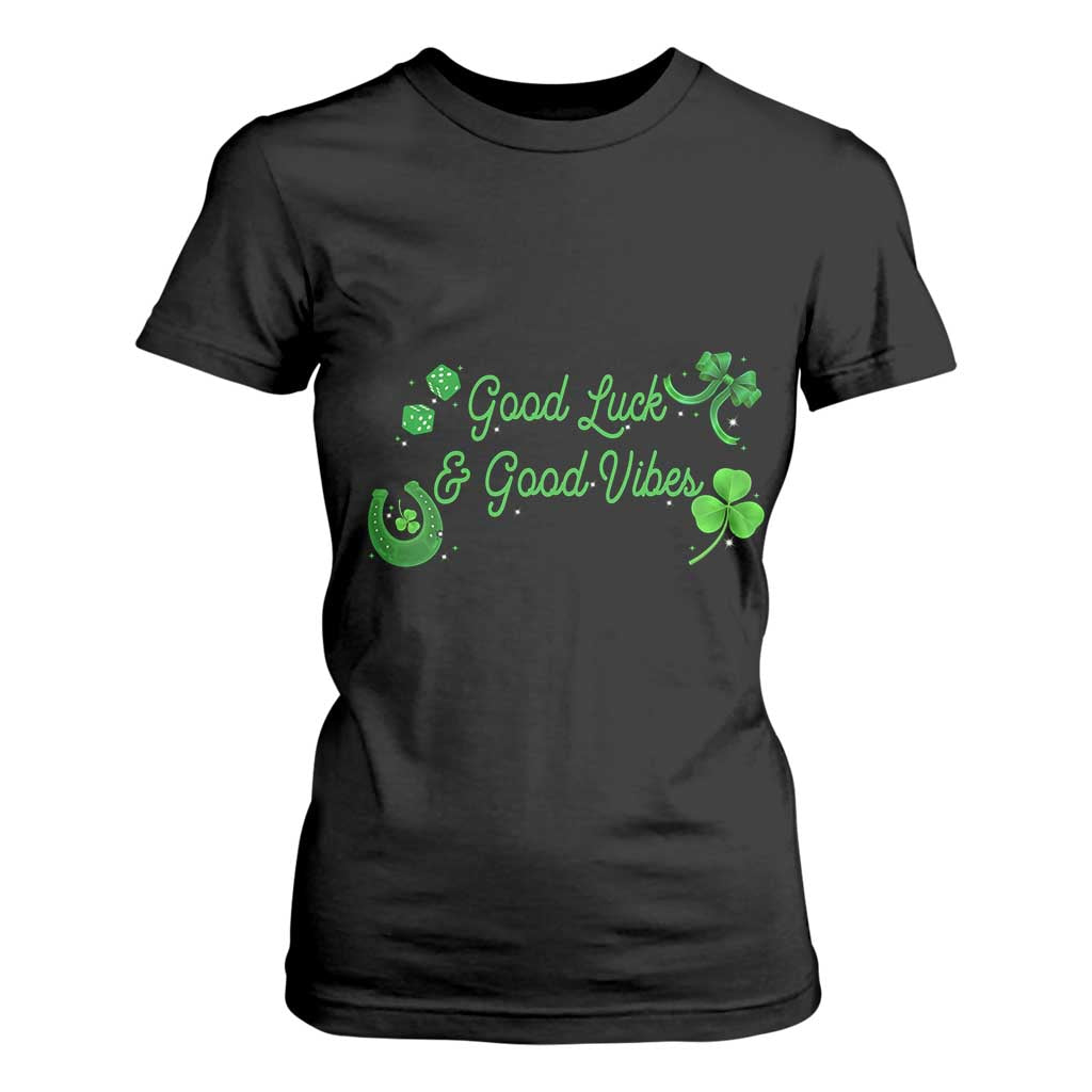 St. Patrick's Day T Shirt For Women Good Luck And Good Vibes Shamrock Coquette Bow TS09 Black Print Your Wear