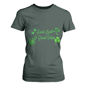 St. Patrick's Day T Shirt For Women Good Luck And Good Vibes Shamrock Coquette Bow TS09 Dark Forest Green Print Your Wear