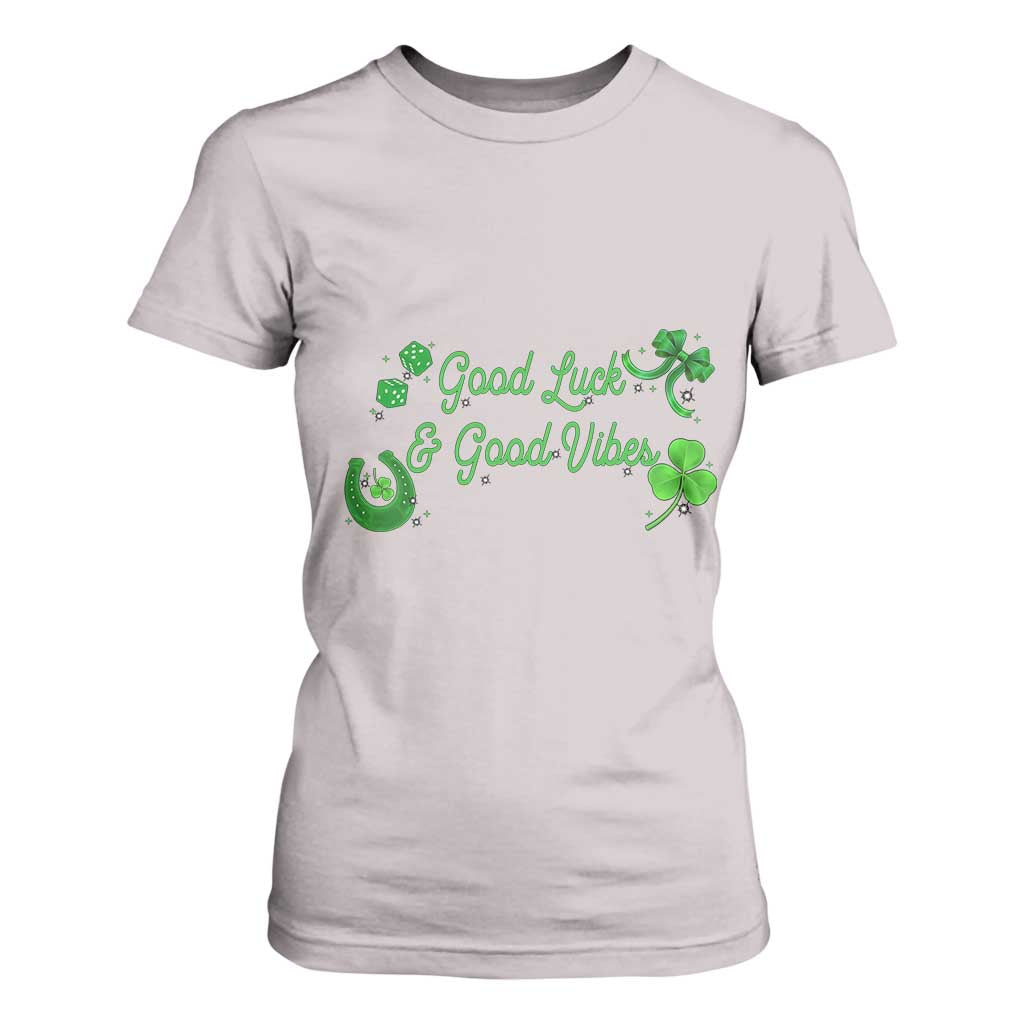 St. Patrick's Day T Shirt For Women Good Luck And Good Vibes Shamrock Coquette Bow TS09 Ice Gray Print Your Wear