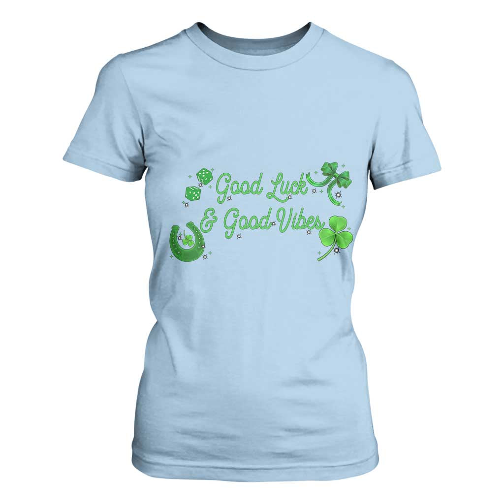 St. Patrick's Day T Shirt For Women Good Luck And Good Vibes Shamrock Coquette Bow TS09 Light Blue Print Your Wear