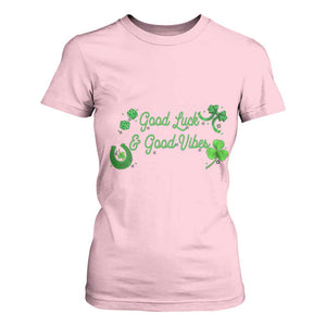 St. Patrick's Day T Shirt For Women Good Luck And Good Vibes Shamrock Coquette Bow TS09 Light Pink Print Your Wear