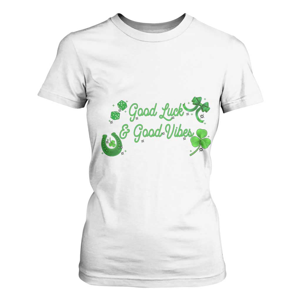 St. Patrick's Day T Shirt For Women Good Luck And Good Vibes Shamrock Coquette Bow TS09 White Print Your Wear
