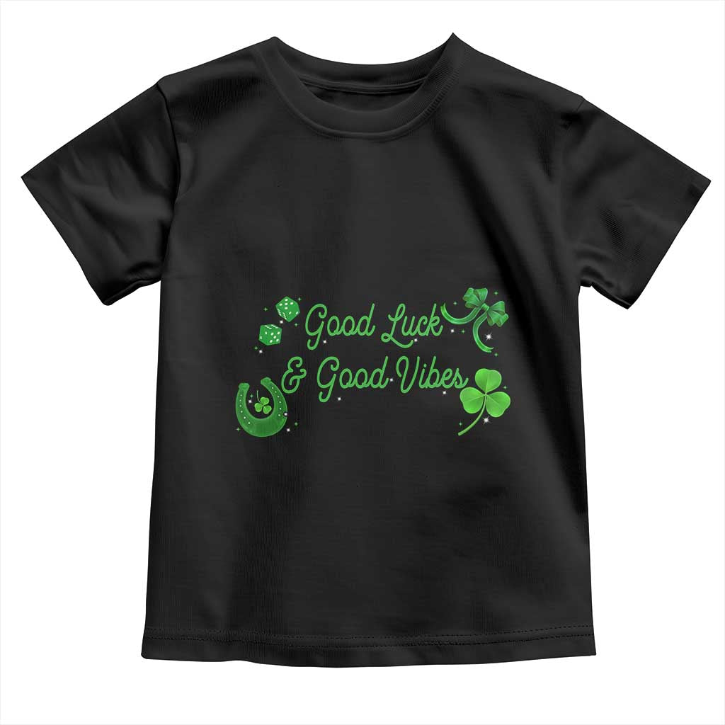 St. Patrick's Day Toddler T Shirt Good Luck And Good Vibes Shamrock Coquette Bow TS09 Black Print Your Wear