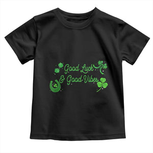St. Patrick's Day Toddler T Shirt Good Luck And Good Vibes Shamrock Coquette Bow TS09 Black Print Your Wear