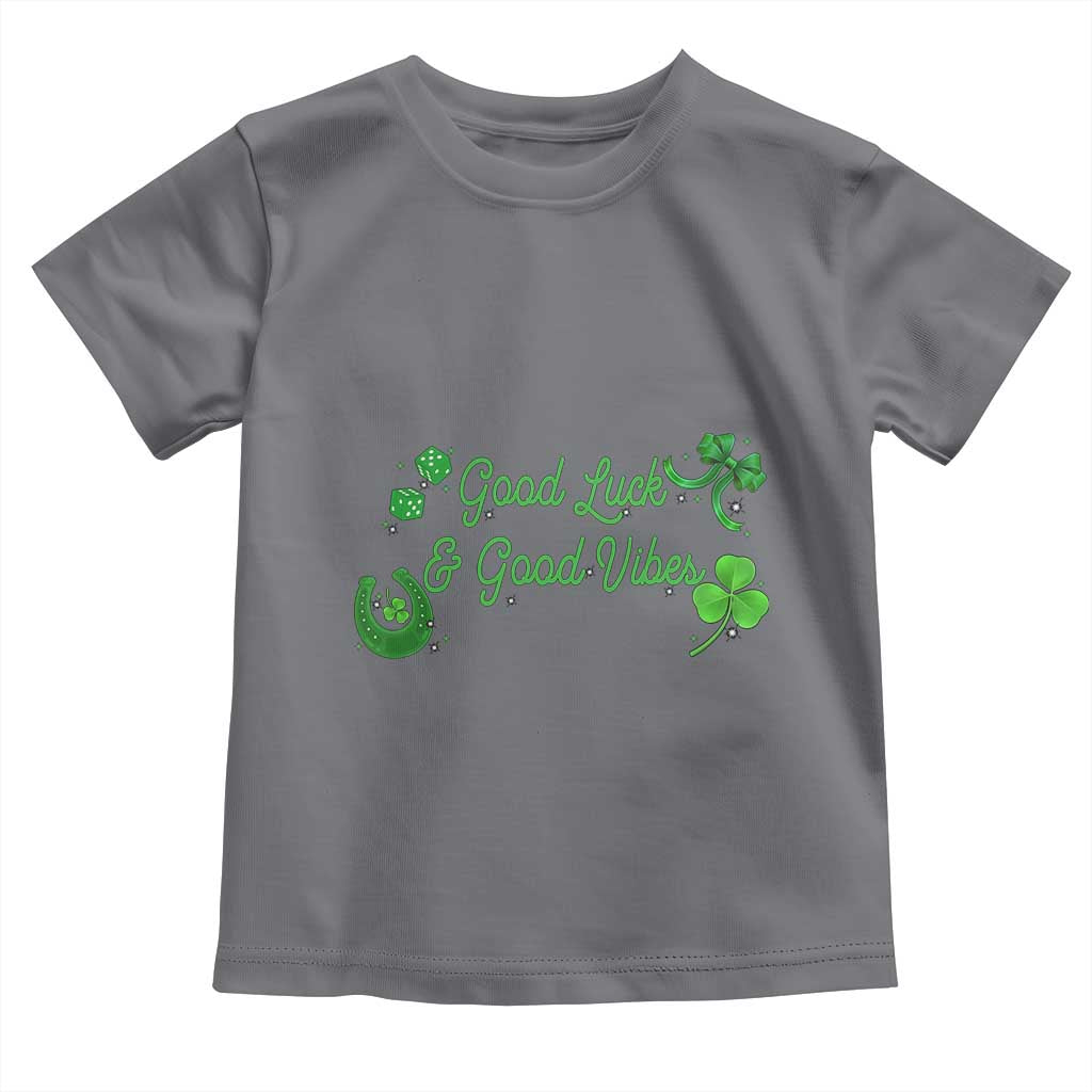 St. Patrick's Day Toddler T Shirt Good Luck And Good Vibes Shamrock Coquette Bow TS09 Charcoal Print Your Wear