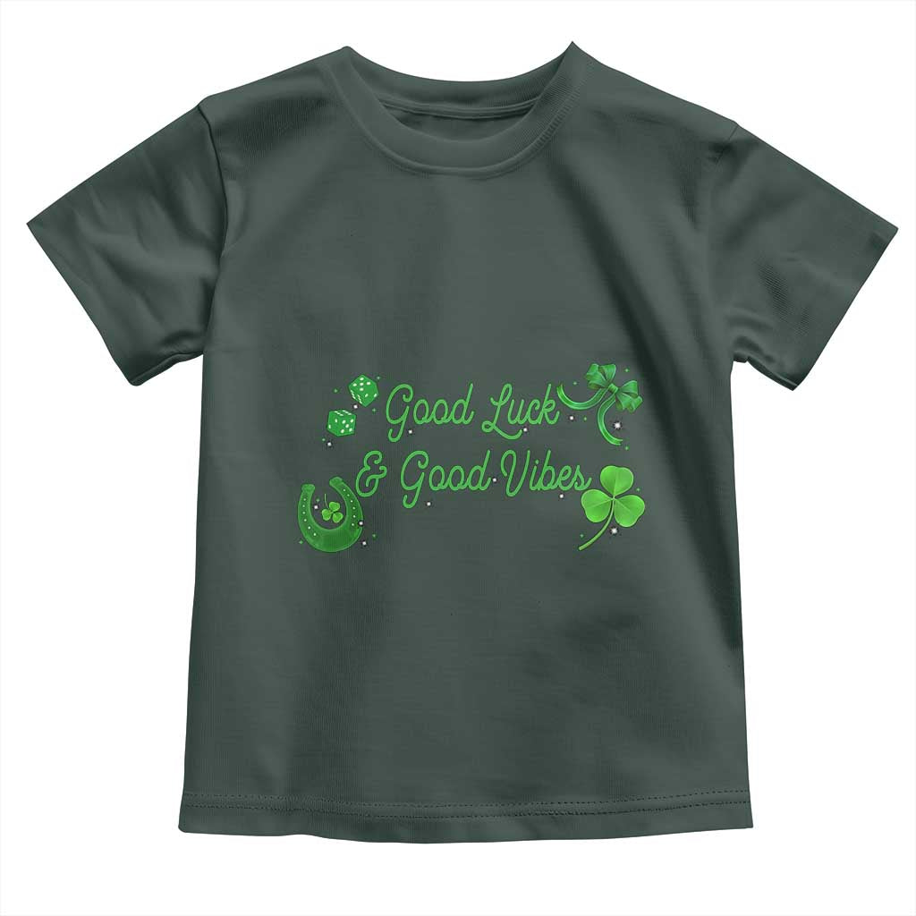 St. Patrick's Day Toddler T Shirt Good Luck And Good Vibes Shamrock Coquette Bow TS09 Dark Forest Green Print Your Wear