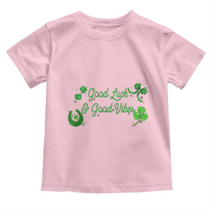 St. Patrick's Day Toddler T Shirt Good Luck And Good Vibes Shamrock Coquette Bow TS09 Light Pink Print Your Wear