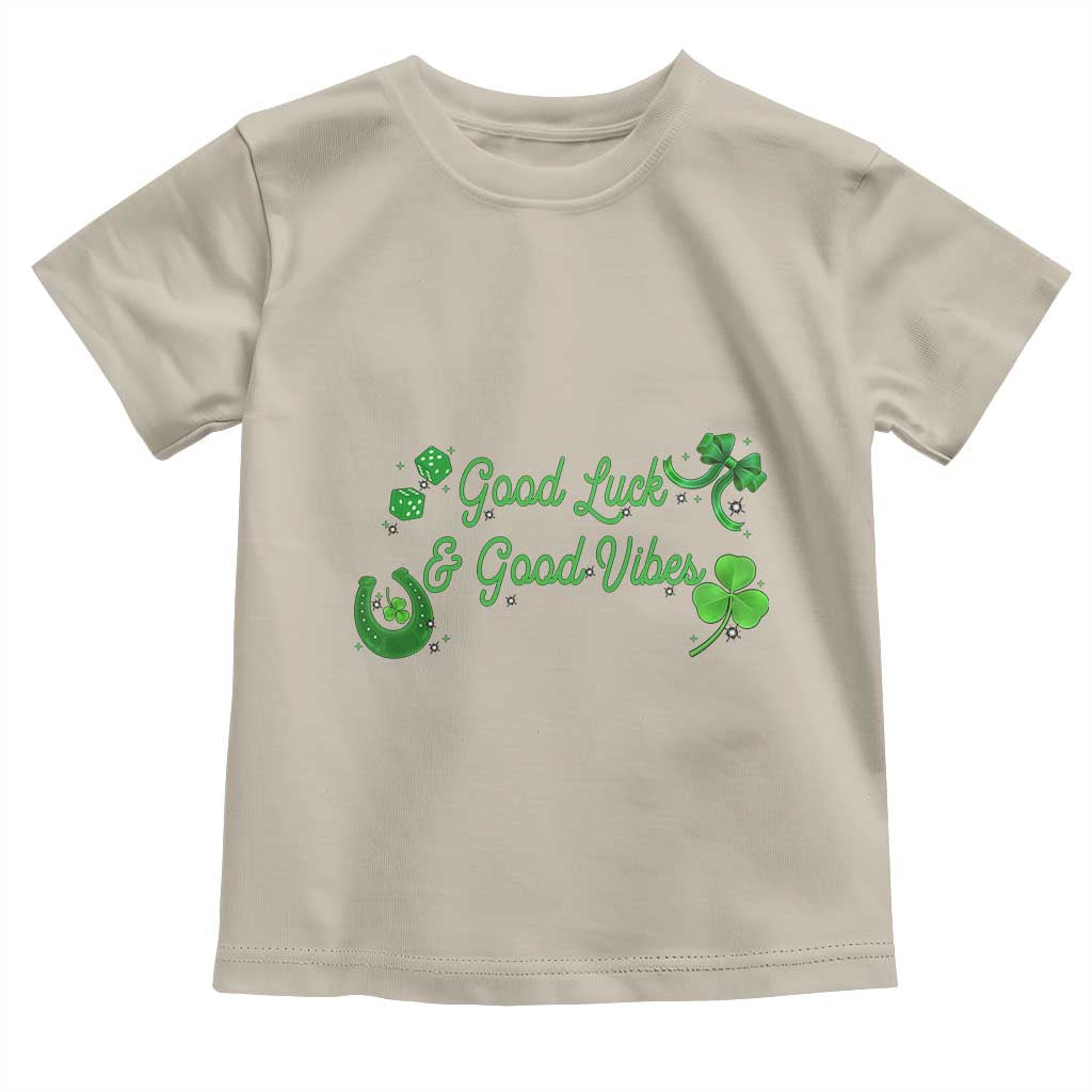 St. Patrick's Day Toddler T Shirt Good Luck And Good Vibes Shamrock Coquette Bow TS09 Sand Print Your Wear