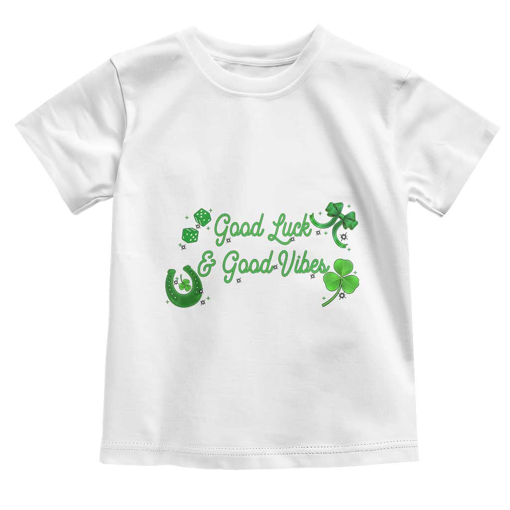 St. Patrick's Day Toddler T Shirt Good Luck And Good Vibes Shamrock Coquette Bow TS09 White Print Your Wear