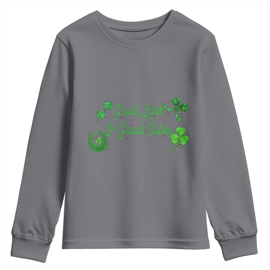 St. Patrick's Day Youth Sweatshirt Good Luck And Good Vibes Shamrock Coquette Bow TS09 Charcoal Print Your Wear