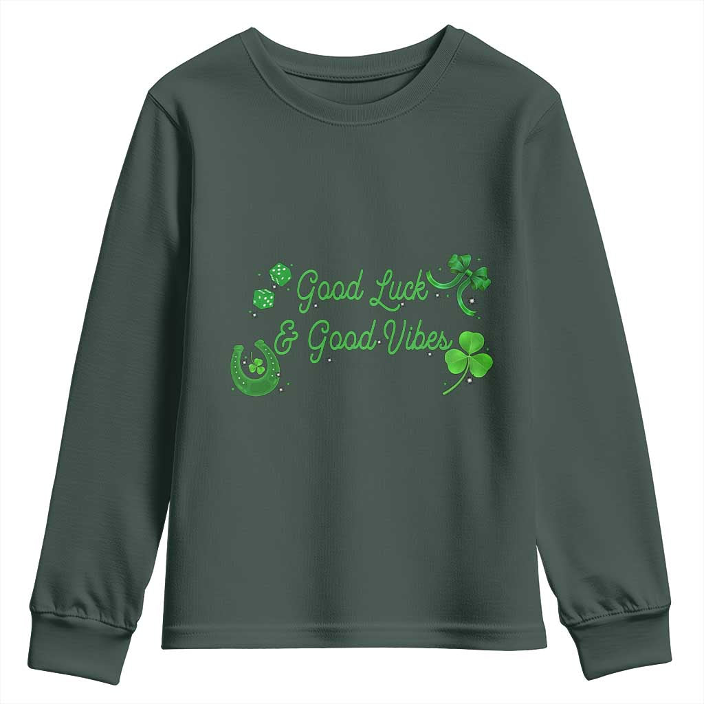 St. Patrick's Day Youth Sweatshirt Good Luck And Good Vibes Shamrock Coquette Bow TS09 Dark Forest Green Print Your Wear